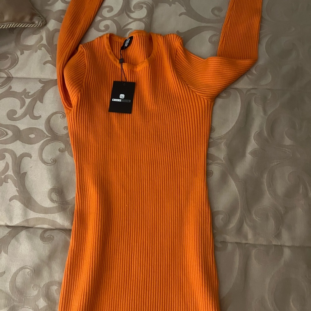 STYLEWE Bold Orange Ribbed Long Sleeve Dress